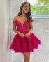 Hot Pink Off the Shoulder Tulle A Line Cute Homecoming Dress with Appliques