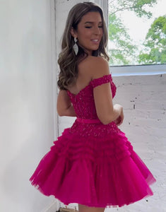 Hot Pink Off the Shoulder Tulle A Line Cute Homecoming Dress with Appliques
