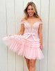 Hot Pink Off the Shoulder Tulle A Line Cute Homecoming Dress with Appliques