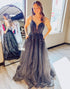 Black A-Line Tulle Long Prom Dress With Applique