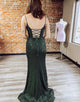 Dark Green Sequined Mermaid Backless Long Prom Dress With Slit