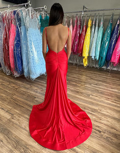 Mermaid Red Backless Long Prom Dress With Slit