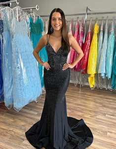Sparkly Black Mermaid Spaghetti Straps Sequined Long Prom Dress
