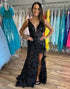 Sparkly Black Mermaid Long Feathered Prom Dress With Slit