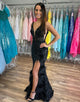 Sparkly Black Mermaid Long Feathered Prom Dress With Slit