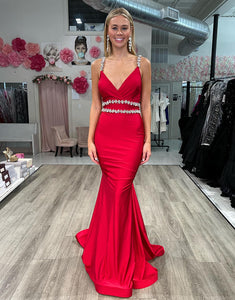 Red Mermaid Backless Long Prom Dress