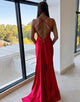 Red Mermaid Spaghetti Straps Long Prom Dress With Slit