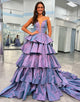 A Line Purple Off The Shoulder Long Tiered Prom Dress
