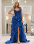 Sparkly Royal Blue A Line Long Tiered Appliqued Prom Dress With Slit