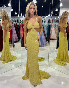 Yellow Sequined Deep V Neck Cut Out Long Prom Dress