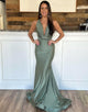 Grey Green Mermaid Backless Long Prom Dress