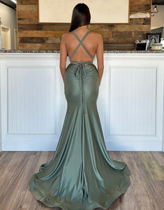 Grey Green Mermaid Backless Long Prom Dress