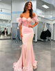 Sparkly Blush Mermaid Long Off The Shoulder Prom Dress With Feather