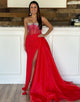 Sparkly Red Mermaid Long Corset Prom Dress With Slit