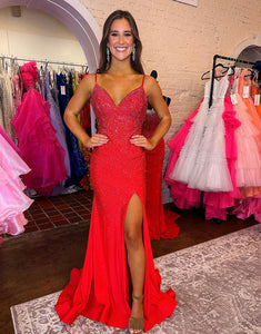 Glitter Red Mermaid Long Sequined Prom Dress With Slit