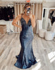 Sparkly Navy Mermaid Backless Long Sequined Prom Dress
