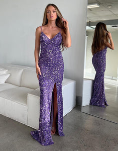 Glitter Purple Mermaid Long Prom Dress With Slit