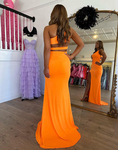Orange Mermaid One Shoulder Long Prom Dress With Slit