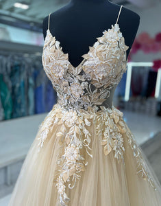 Apricot A-Line Tulle Appliques Spaghetti Strap Long Prom Dress