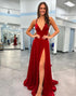 Red Sheath V Neck Long Prom Dress With Slit