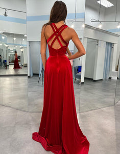 Red Sheath V Neck Long Prom Dress With Slit