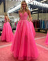 Fuchsia A Line Lace Long Prom Dress With Appliques