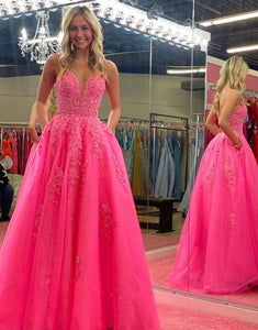 Fuchsia A Line Lace Long Prom Dress With Appliques