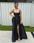 Black A Line Spaghetti Strap Corset Long Prom Dress With Slit