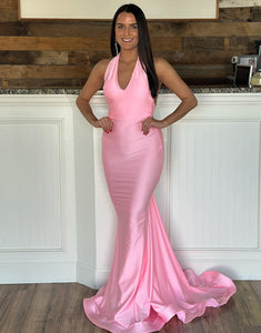Pink Mermaid Halter Neck Backless Long Prom Dress