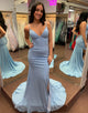 Grey Blue Mermaid V-Neck Spaghetti Strap Long Prom Dress