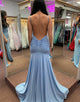 Grey Blue Mermaid V-Neck Spaghetti Strap Long Prom Dress