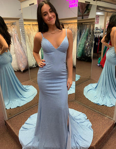 Grey Blue Mermaid V-Neck Spaghetti Strap Long Prom Dress