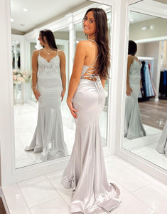 Light Grey Mermaid V-Neck Spaghetti Strap Long Prom Dress