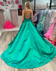 A Line V Neck Beaded Green Long Prom Dress