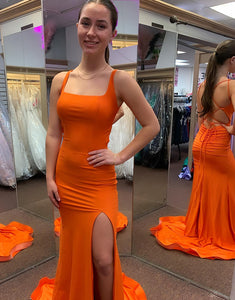Orange Mermaid Square Neck Long Prom Dress With Slit