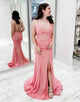 Coral Mermaid Spaghetti Straps Sequin Sparkly Long Prom Dresses  with Slit