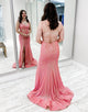 Coral Mermaid Spaghetti Straps Sequin Sparkly Long Prom Dresses  with Slit