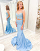 Grey Blue Mermaid Two Piece Spaghetti Strap Prom Dress