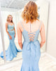 Grey Blue Mermaid Two Piece Spaghetti Strap Prom Dress