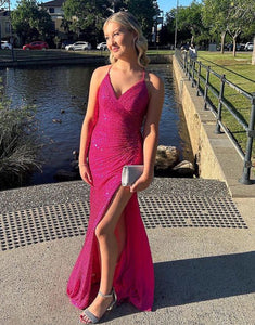 Fuchsia Sparkly Spaghetti Straps Mermaid Sequin Long Prom Dress With Slit