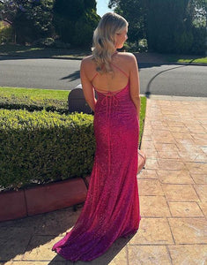 Fuchsia Sparkly Spaghetti Straps Mermaid Sequin Long Prom Dress With Slit