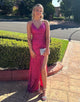 Fuchsia Sparkly Spaghetti Straps Mermaid Sequin Long Prom Dress With Slit