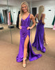 Dark Purple V-Neck Ruched Satin Prom Dress with Slit