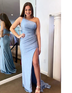 Grey Blue Mermaid One Shoulder Sequin Long Prom Dress With Slit