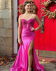 Fuchsia Mermaid Off The Shoulder Floral Satin Long Prom Dress with Slit