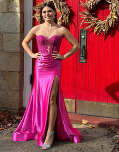 Fuchsia Mermaid Off The Shoulder Floral Satin Long Prom Dress with Slit