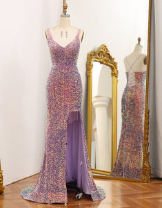 Sparkly Light Purple Lace-Up Back Sequins Long Prom Dress with Fringes