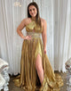 Glitter Golden A-Line Beaded Metallic Long Prom Dress with Slit