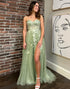 Green A-Line Off The Shoulder Floral Long Prom Dress With Slit