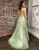 Green A-Line Off The Shoulder Floral Long Prom Dress With Slit